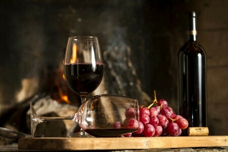 Board, bottle, glasses, grapes, red, wine