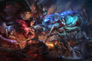 Ahri, art, battle, girls, League of Legends, magic, Morgana, wings