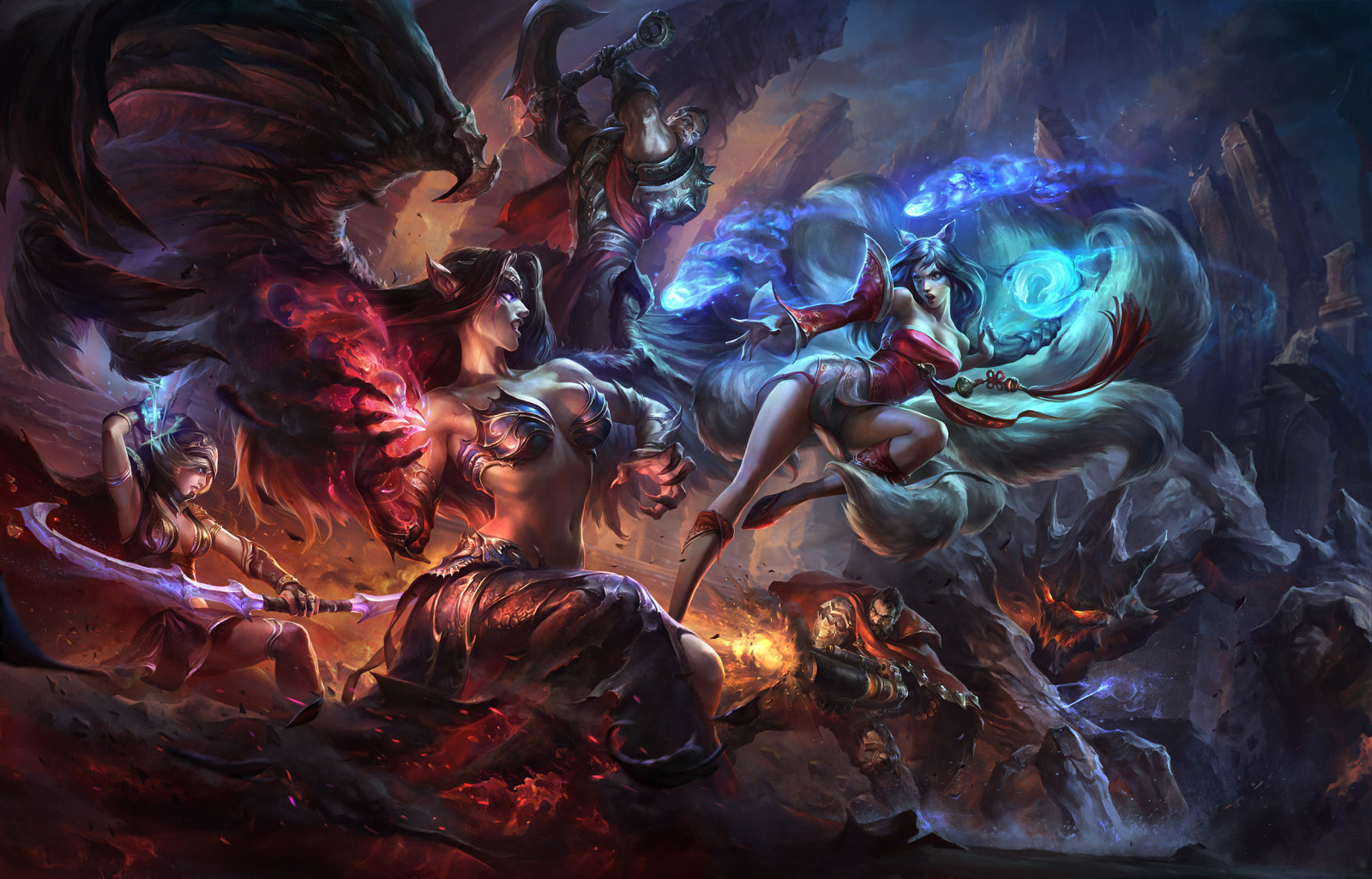 muchachas, Arte, batalla, alas, magia, Liga de Leyendas, Ahri, Morgana