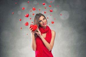 robe, fille, cœur, l'amour, maquillage, rouge, écharpe, sourire