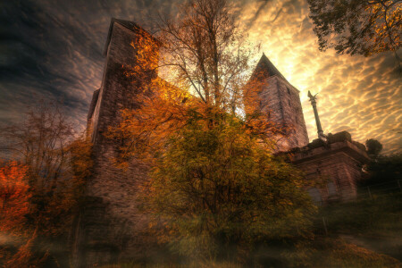 slot, Mystic Castle, himlen, behandling, træer