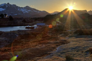 éblouissement, Matin, Norvège, Des rayons, le soleil, Le village