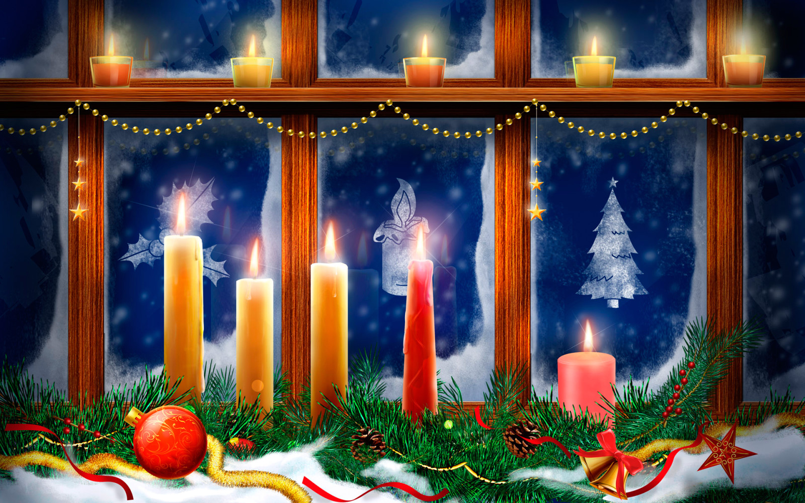 Natale, decorazione, candele, finestra, modello, Vettore, cartolina