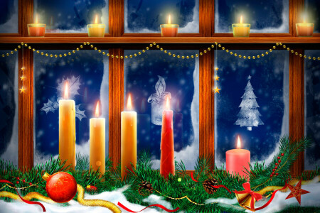 candele, Natale, decorazione, modello, cartolina, Vettore, finestra