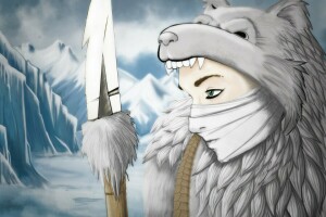 cold, face, Hunter, look, snow, Spear, weapons, winter