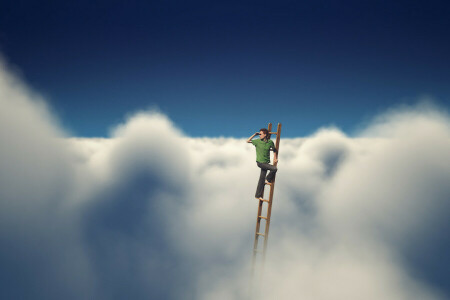 clouds, male, stairs, the sky