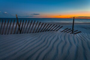 beach, dusk, fence, horizon, sand, sea, seascape, ships