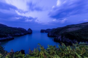 Bahía, Golfo de Vizcaya, Playa berellín, Cantabria, helecho, Prellezo, rocas, mar