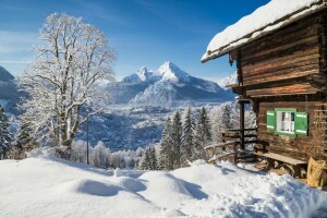 casa, naturaleza, nieve, copos de nieve, invierno