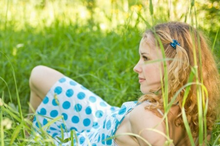 blonde, face, grass