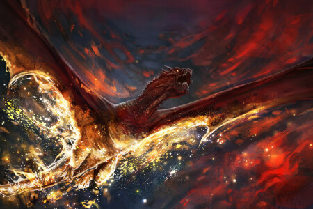 art, clouds, death, dragon, fire, the sky, wings