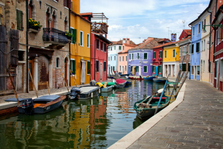 boats, Burano island, channel, home, Italy, the sky, venice