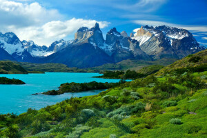 Chile, césped, lago, montañas, Patagonia, Lago Pehoe, apuntalar