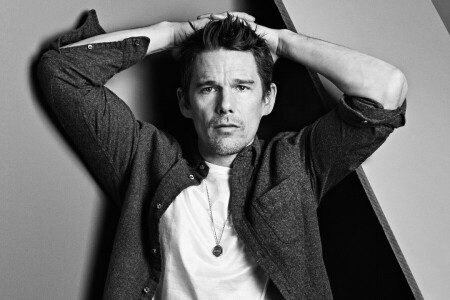 actor, alb-negru, Ethan Hawke, Mark Abrahams, fotografie, portret, pose, cămaşă