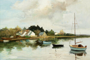 Bay, boats, Corner Point at Brillac, landscape, picture