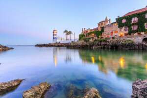 Bay, home, Lighthouse, palm trees, rock, sea, stones, the sky