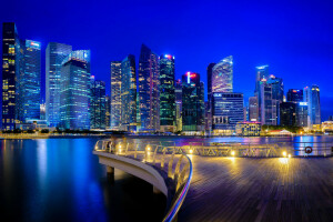 bâtiment, ville de nuit, Singapour, grattes ciels