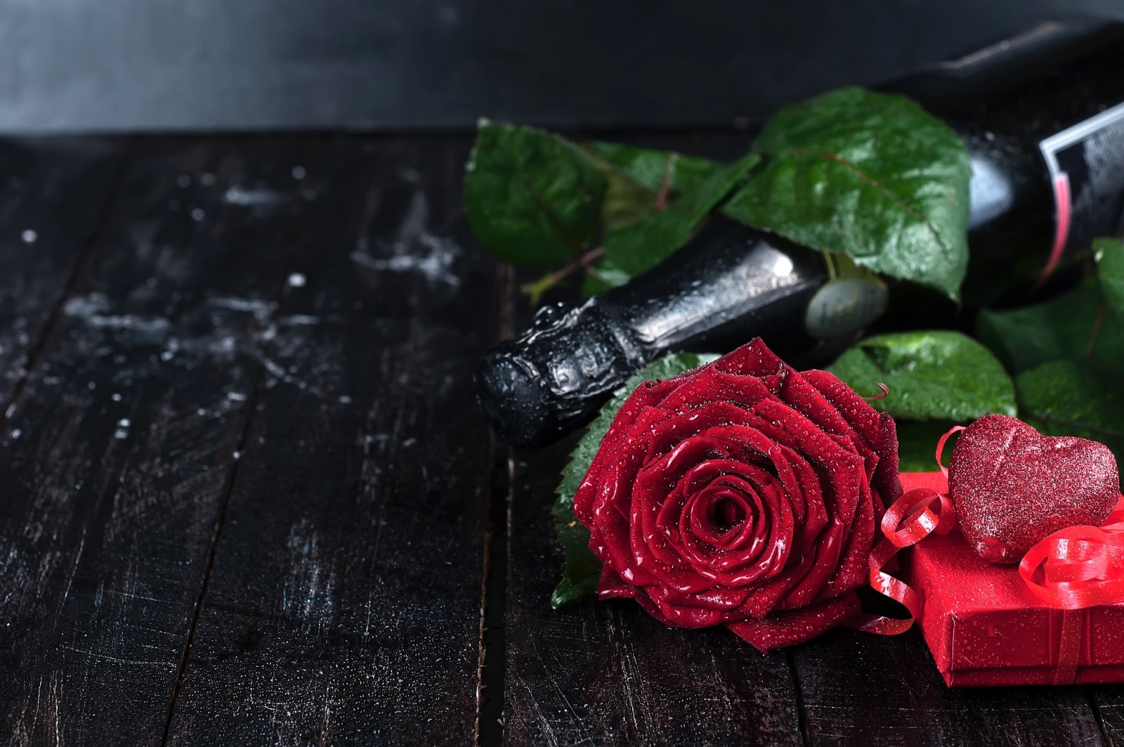 Valentinstag, Geschenk, Herz, Rose, Blume, Flasche, Champagner