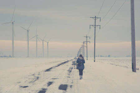 back, girl, power lines, road, walking, wind turbine, winter snow