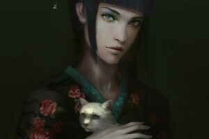 achtergrond, kat, meisje, somber, hand-, kimono, wit