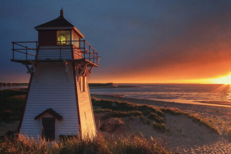 coast, dawn, Lighthouse, shore, The ocean