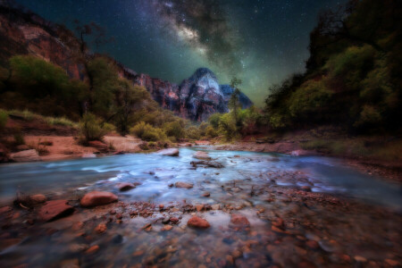 natt, flod, stenar, stjärnor, stenar, Vintergatan, Utah, Zion National Park