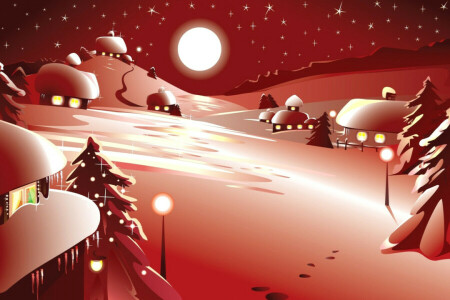 Christmas, New Year, night, postcard, snow, Vector, winter