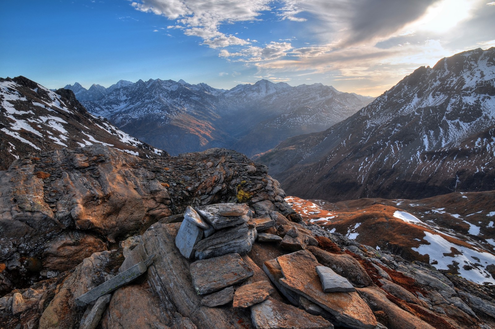 snow, stones, clouds, mountains