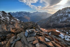 clouds, mountains, snow, stones