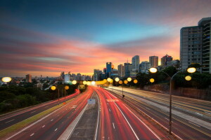 lumières, route, le coucher du soleil, Sydney, la ville, Piste