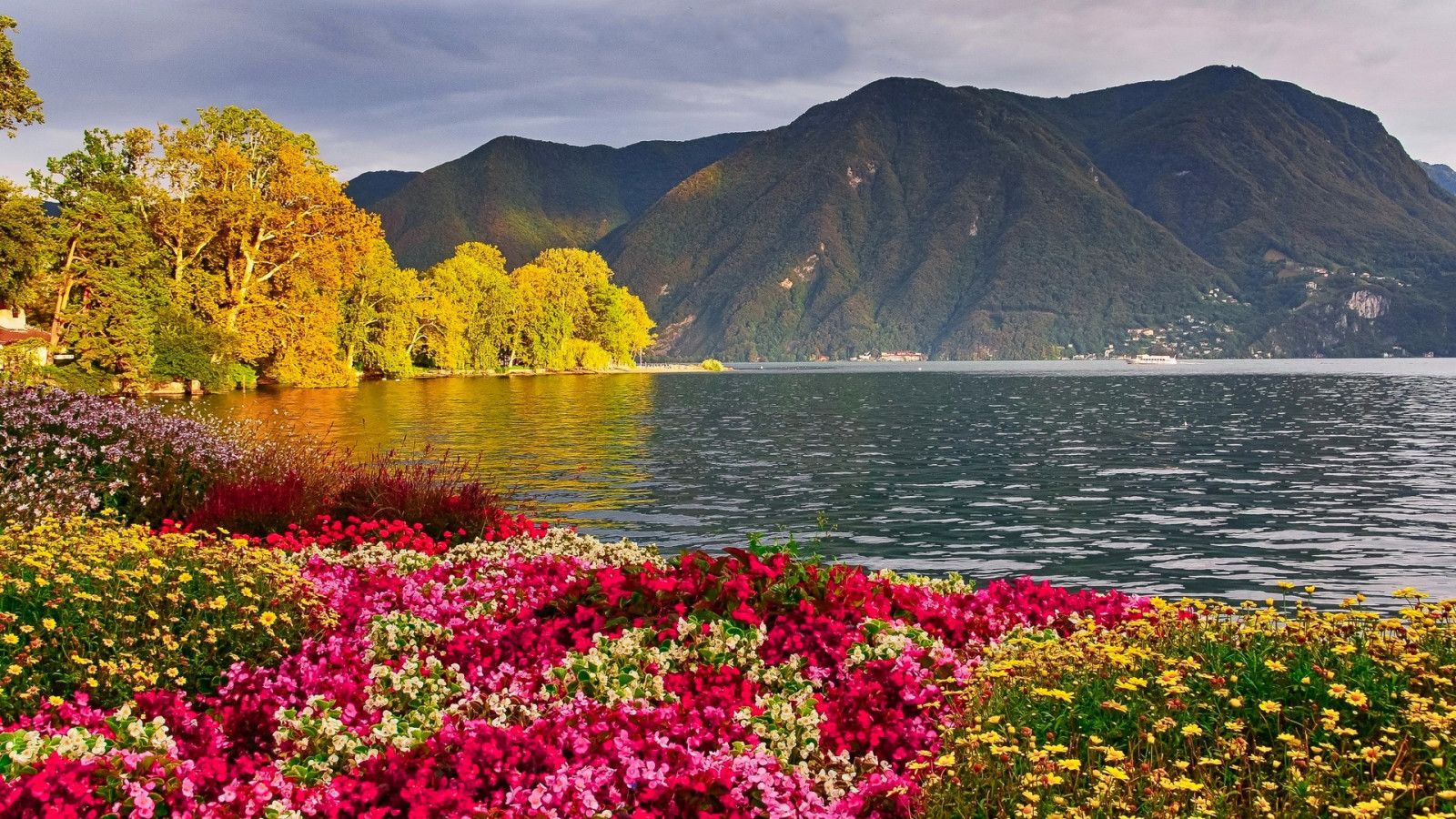 natureza, lago, panorama, flores, montanhas, foto