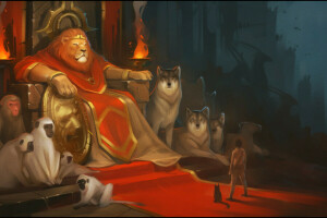 animal kingdom, cat, fantasy, Leo, monkey, people, the throne, wolf