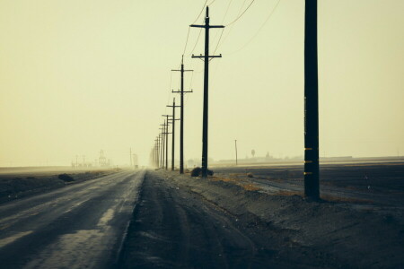 landscape, morning, posts, road