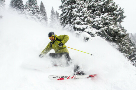 glasses, helmet, mountains, pine, ski, skier, snow, winter