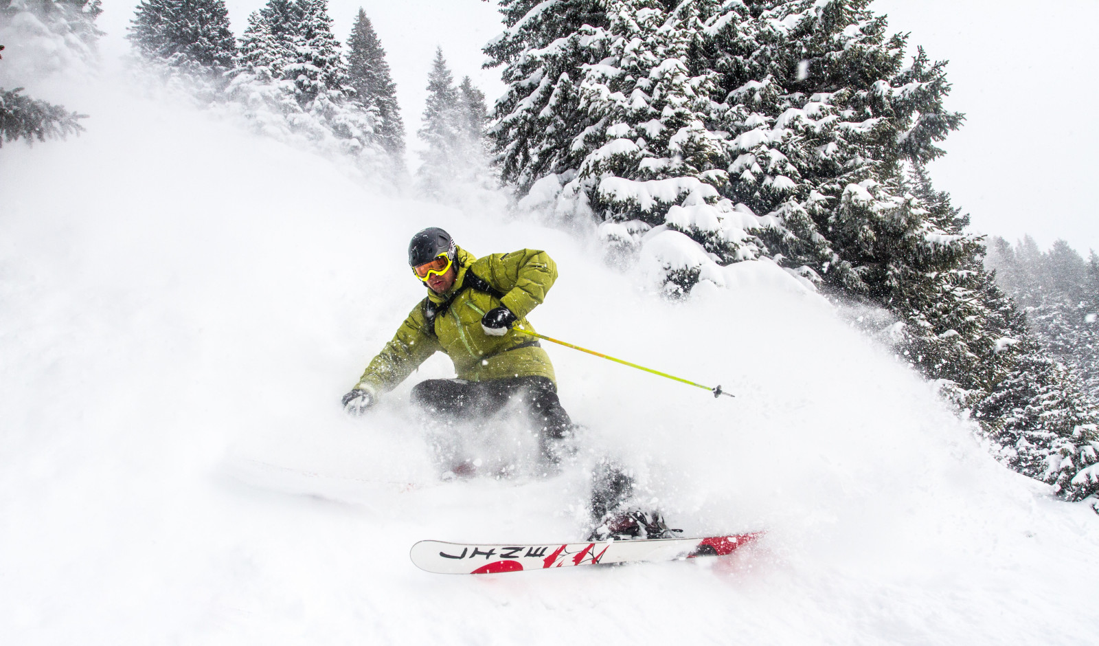 snow, winter, mountains, pine, glasses, helmet, ski, skier