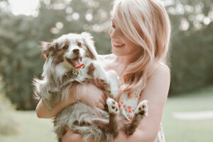 blonde, dog, girl, laughter, puppy, smile