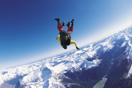 headdown, helmet, mountains, Parachute, parachuting, river, skydivers, snow