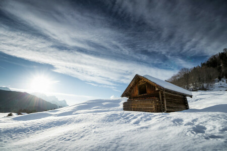 hus, bjerge, sne, himlen