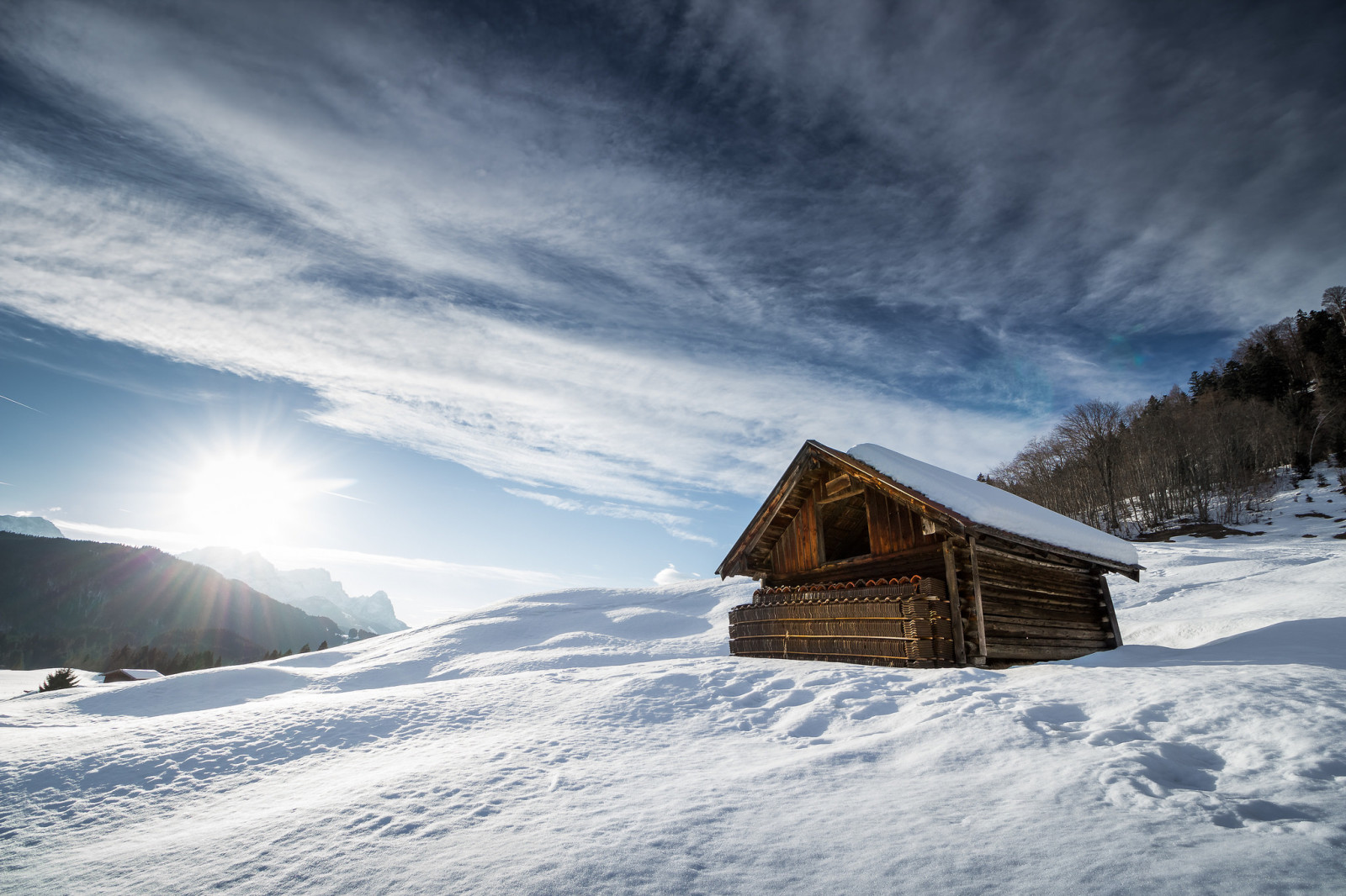 snö, himmelen, hus, bergen