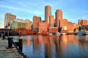 Baia, Boston, Boston Bay, Boston Harbor, ponte, edificio, Massachusetts, porta