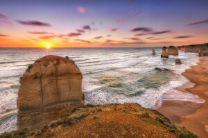 12Apostles, Australia, plaża, krajobraz, Melbourne, Wybrzeże, zachód słońca, Ocean