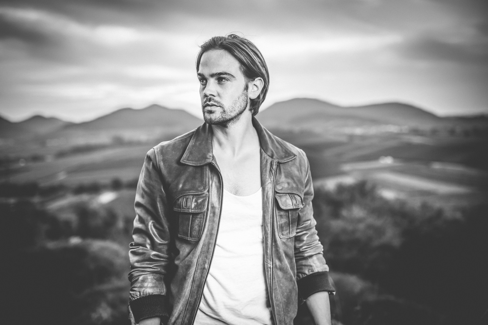 valley, hair, hills, male, jacket, beard, Rainy