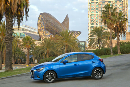 2014, blu, auto, Mazda, Mazda 2, Metallico, foto, lato