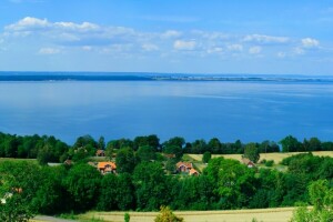 des nuages, champ, horizon, maison, la nature, rivière, mer, rive