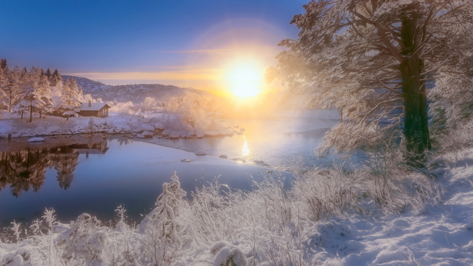 river, winter, morning