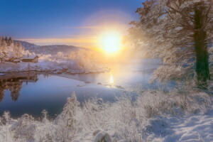 morning, river, winter