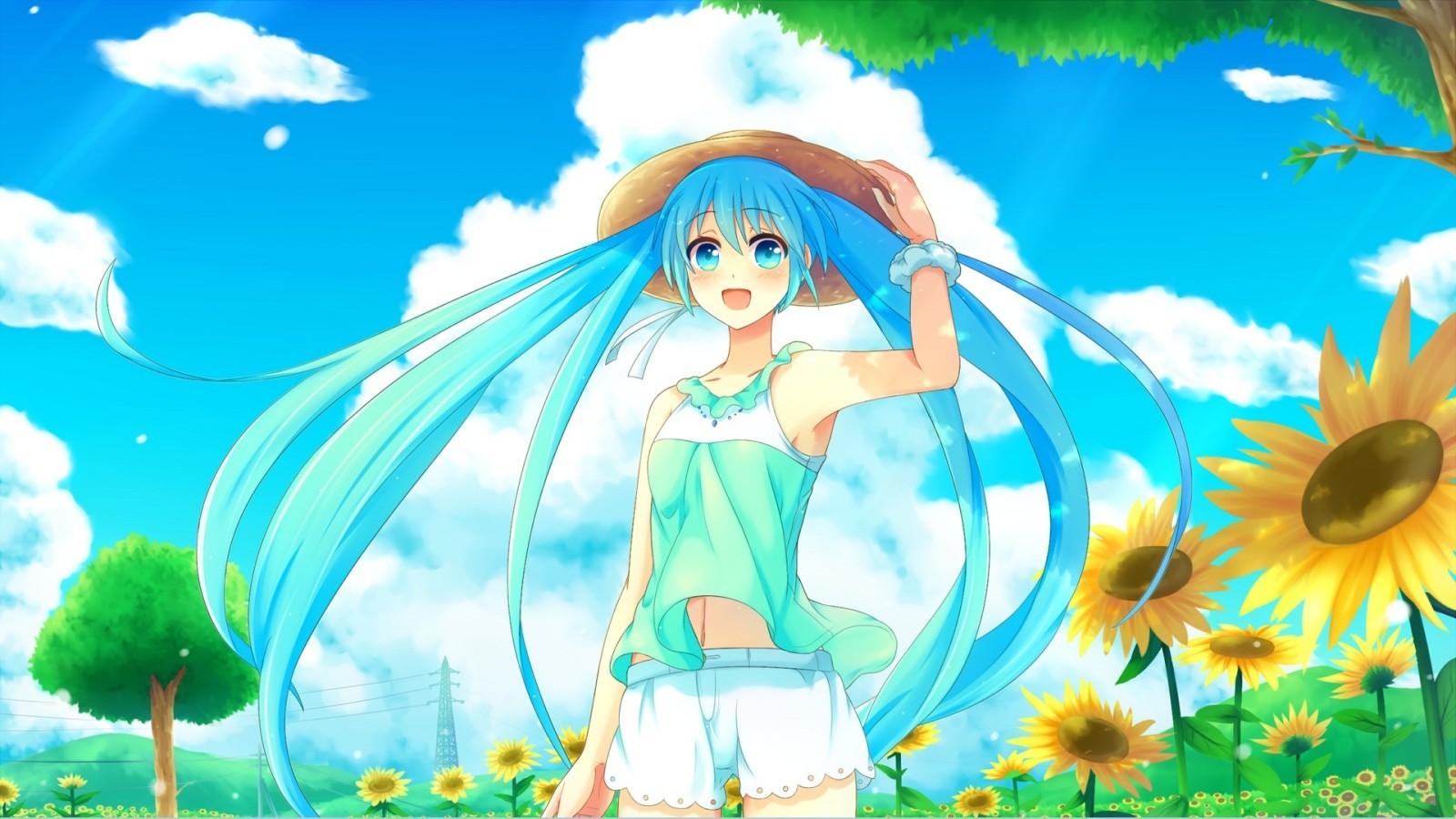 the sky, art, clouds, hat, anime, sunflowers, Joy, vocaloid