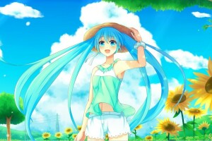 anime, art, clouds, hat, hatsune miku, Joy, sakakidani, sunflowers