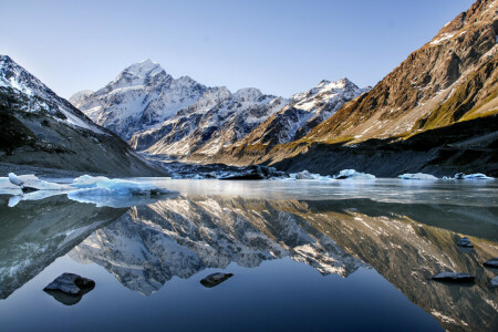 isflak, innsjø, fjellene, refleksjon, snø, himmelen