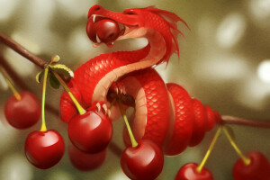 art, berry, branch, Cherry, dragon